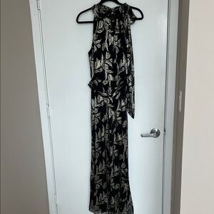 Betsy & Adam Black Maxi Dress with Metallic Gold Leaf Print and Tie Neck